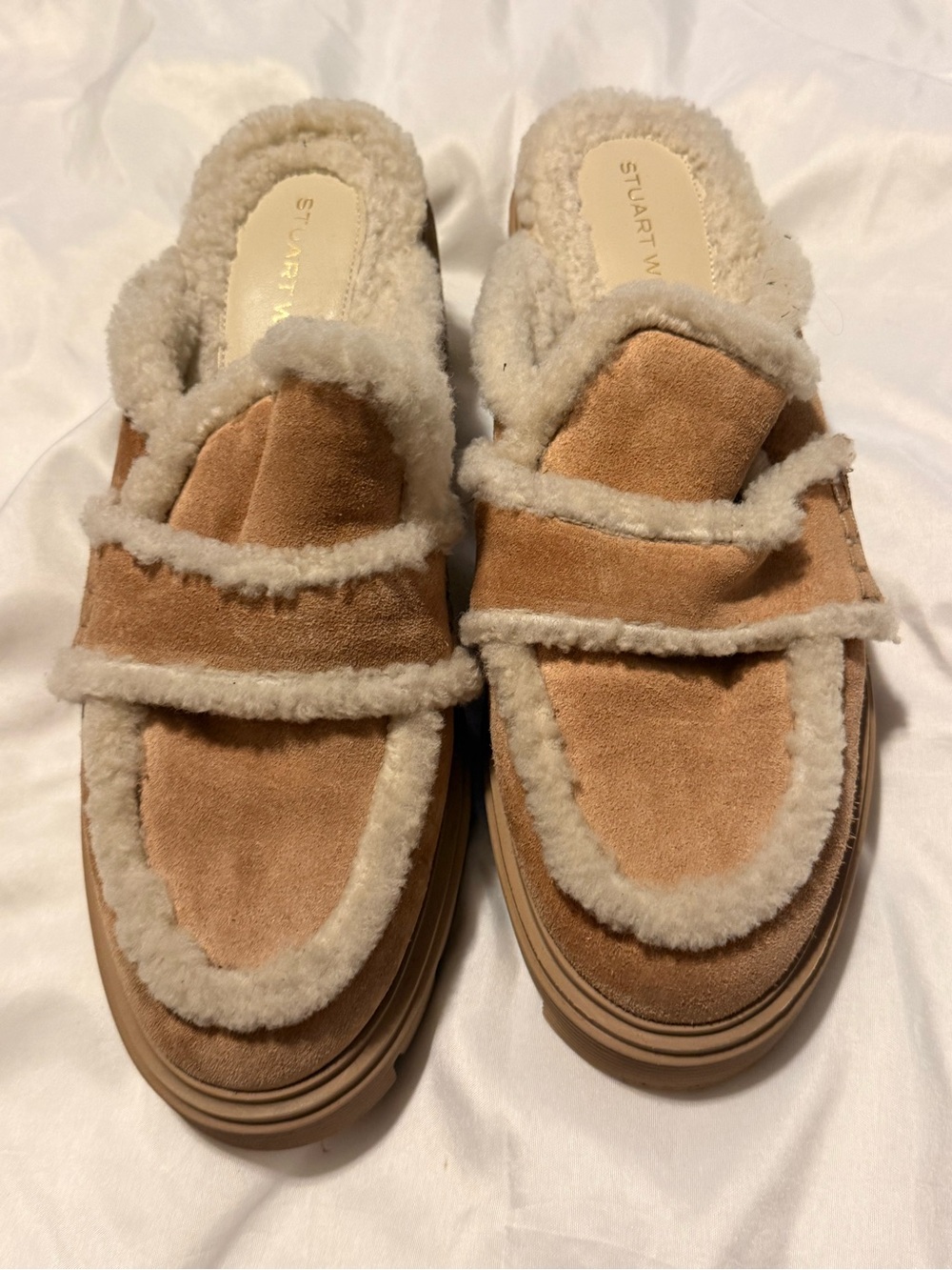 Stuart Weitzman Tan Shearling-Trim Suede Slip-On Loafers women